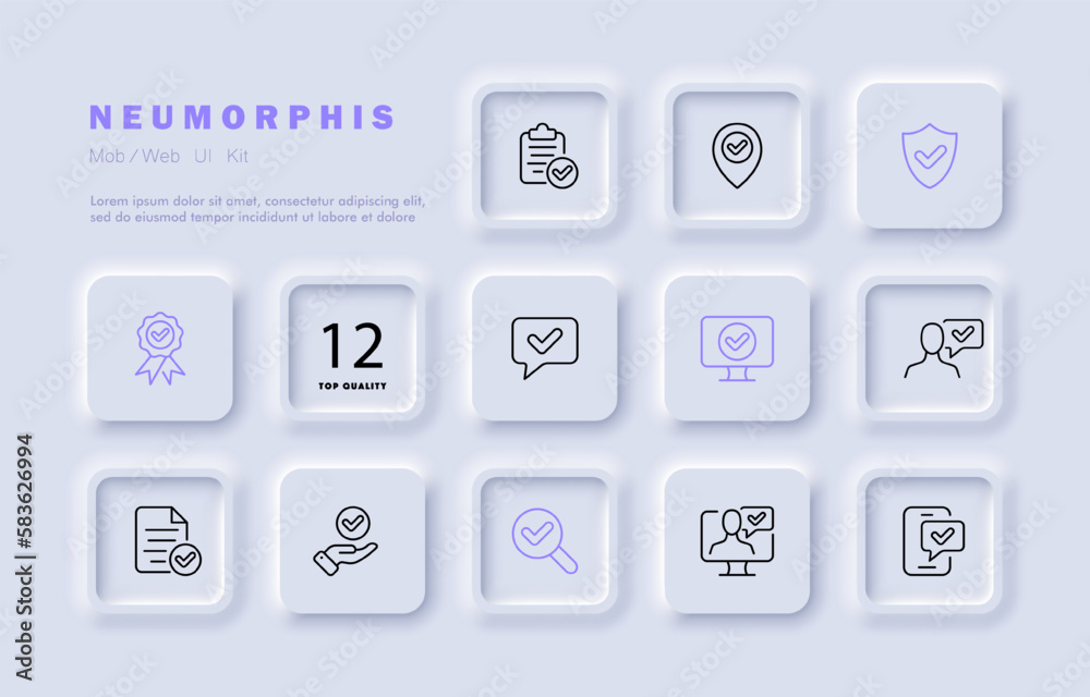 Check mark set icon. Clipboard, pointer, shield, medal, comment, review, checked, success, achievement, done, approved. Tick concept. Neomorphism style. Vector line icon for Business and Advertising