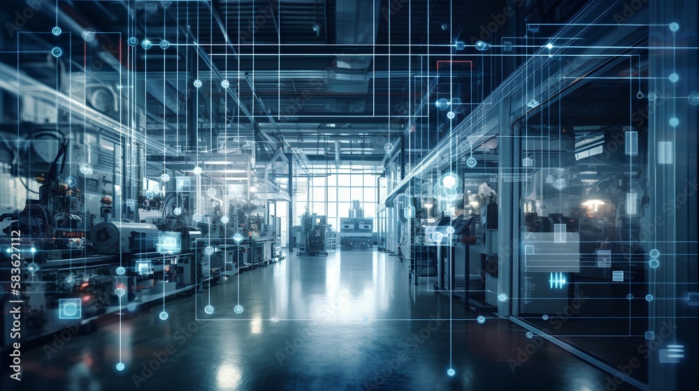 Industry 4.0 smart factory interior showcases IIoT machines, efficient workstations, and automated production lines, optimizing the manufacturing process for improved performance. Generative AI Industry 4.0 smart factory interior showcases IIoT machines, efficient workstations, and automated production lines, optimizing the manufacturing process for improved performance. Generative AI