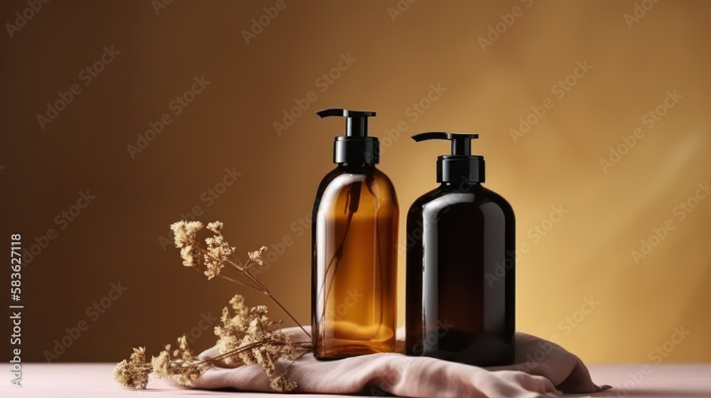 Bouteille à pompe en verre ambré foncé sur un podium en tissu satiné, fond jaune pâle avec des fleurs de lin séchées Bouteille à pompe en verre ambré foncé sur un podium en tissu satiné, fond jaune pâle avec des fleurs de lin séchées
