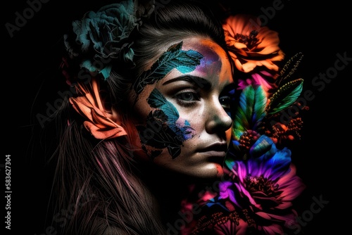 Portrait of a beautiful flower woman with black background. Fictional person created with Generative AI