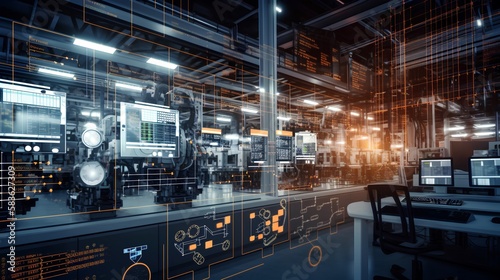 Industry 4.0 smart factory interior showcases IIoT machines, efficient workstations, and automated production lines, optimizing the manufacturing process for improved performance. Generative AI