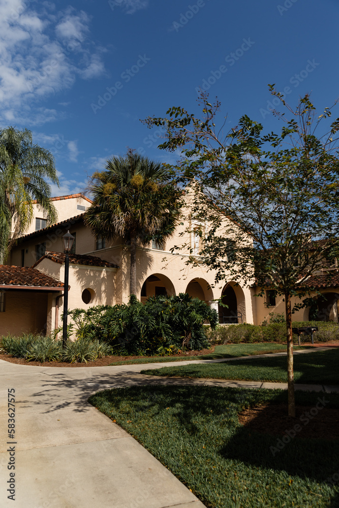 Obraz premium palm trees near luxurious Mediterranean style house in Miami.