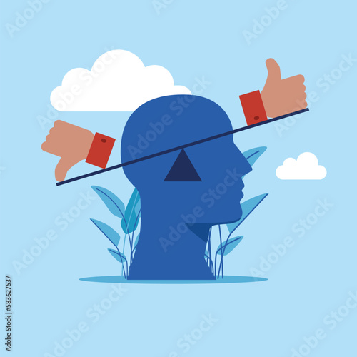 Balance on seesaw with thumb up and thumb down. Modern vector illustration in flat style