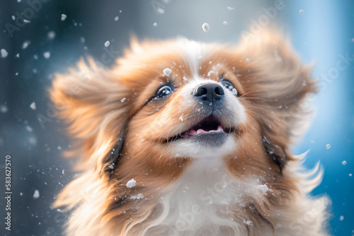 Cute little puppy dog with snow. Sweet happy animal pet enjoying snowfall in winter time. Ai generated © dragomirescu