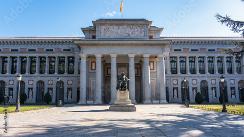 Main facade of the Prado Museum with its neo-Renaissance style in the tourist city of Madrid, Spain.