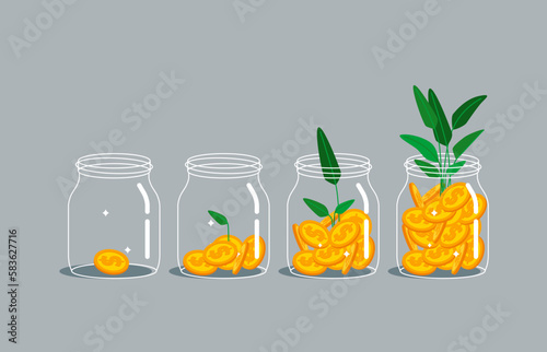 Money growing plant step with deposit coin in bank. Modern vector illustration in flat style
