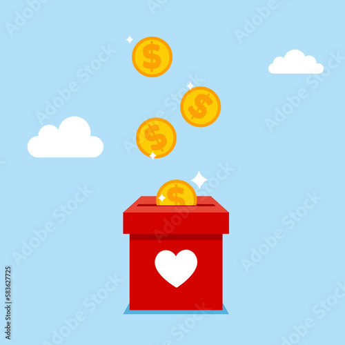 Charity fundraising and generosity. Dollar coins falling in a box with a heart shape. Modern vector illustration in flat style