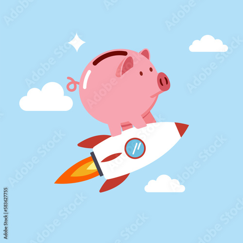 Piggy bank on fast rocket booster flying hight in the sky. Inflation and price concept. Modern vector illustration in flat style