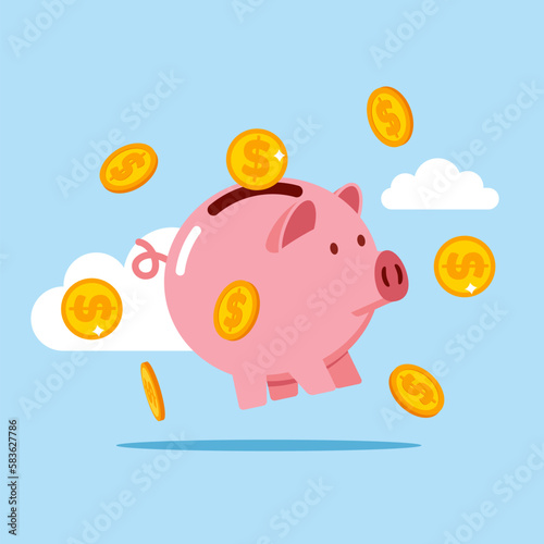 Hovering pink piggy bank with falling dollar coins. Finance, saving money. Modern vector illustration in flat style