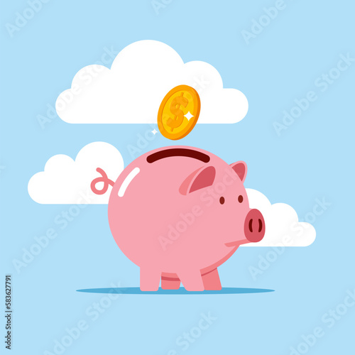 Pink piggy bank with coin. Modern vector illustration in flat style