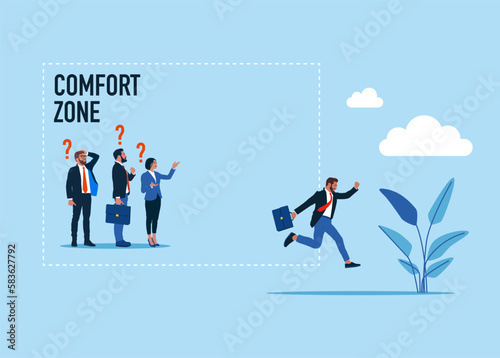 Businessman exit from comfort zone to success. Modern vector illustration in flat style photo
