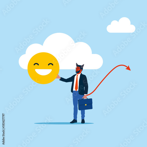 Wicked Businessman holding a smile mask. Bad idea cause problem and failure, disappointment from rejected, evil and negative opinion. Modern vector illustration in flat style