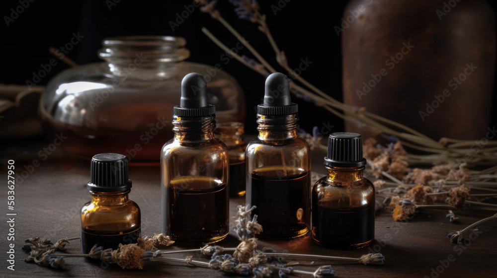 petits flacons d'huiles essentielles de plantes ou de fleurs en verre ambré foncé sur une table en bois avec des fleurs de lin séchées et des brins de lavande petits flacons d'huiles essentielles de plantes ou de fleurs en verre ambré foncé sur une table en bois avec des fleurs de lin séchées et des brins de lavande