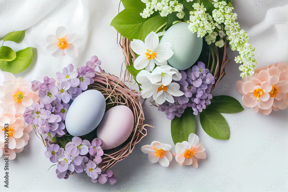 Easter background with copy space. Eggs, flowers, pastel colors illustration top view generative AI, generative, ai Easter background with copy space. Eggs, flowers, pastel colors illustration top view generative AI, generative, ai