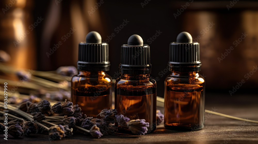petits flacons d'huiles essentielles de plantes ou de fleurs en verre ambré foncé sur une table en bois avec des fleurs de lin séchées et des brins de lavande
