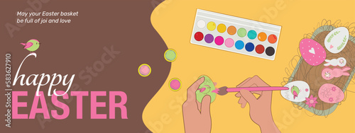 Easter Header or Banner Design with Brush, eggs and paint tubes on table.  Suitable for social media, mobile applications, banner design and online adv. Decorating easter egg.