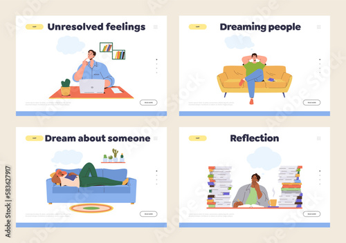 Set of landing page with thoughtful people engaged in feeling and emotion reflection