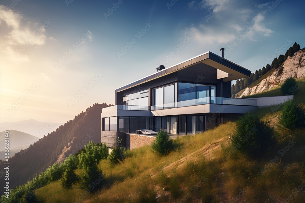 A modern house in the mountains in the morning, architectural illustration, created with generative AI