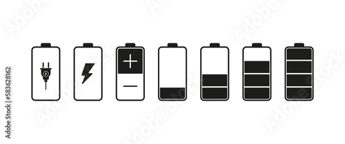 Battery set icon.Charging, electricity, plus, minus, contacts, low and high charge level. Autonomy concept. Vector line icon for Business and Advertising