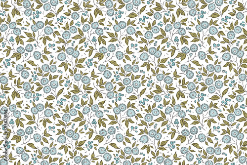 Trendy seamless vector floral pattern. Beautiful print made of small blue flowers and berries. Summer and spring motifs. White ivory background. Stock vector illustration.