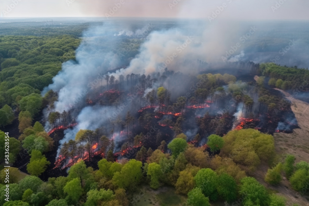 Fire in the forest in summer with smoke, natural disaster, cataclysm. AI generated.