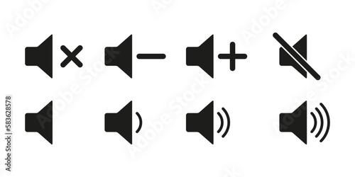 Sound settings set icon. Silent Mode, Quiet, Loud, Max Volume, Plus, Minus, Shout. Volume concept. Vector line icon for Business and Advertising