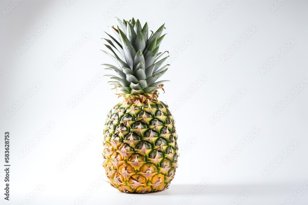 Fototapeta premium Isolated ripe fresh pineapple with leaf on white background. Vitamin-rich fruit. AI generated.