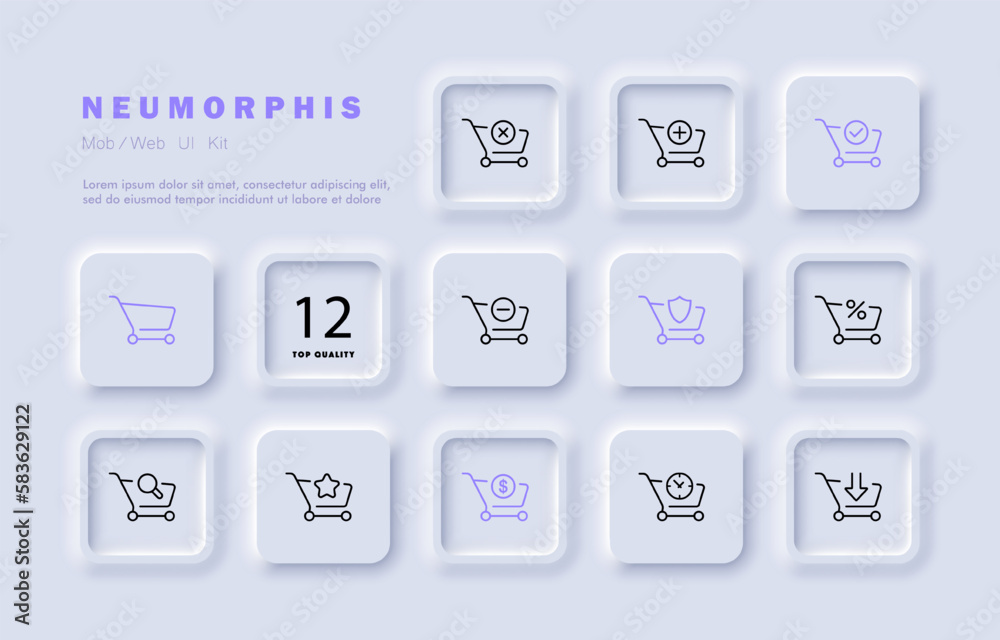 Shopping cart set icon. Search for goods, add to the order, discount, sale, dollar, payment, favorite, product, purchase. Buy concept. Neomorphism style. Vector line icon for Business and Advertising Shopping cart set icon. Search for goods, add to the order, discount, sale, dollar, payment, favorite, product, purchase. Buy concept. Neomorphism style. Vector line icon for Business and Advertising