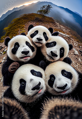 Pandas take selfies on an action camera on a mountaintop somewhere in China. AI.
