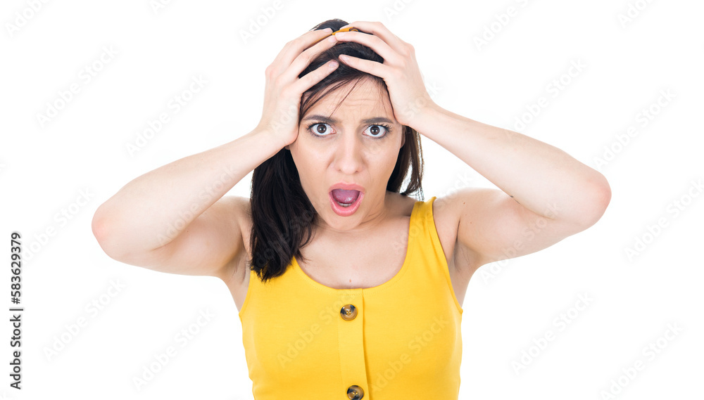 Panicked young woman with open mouth stare to you with popped eyes, isolated on white background. Scared female Panicked young woman with open mouth stare to you with popped eyes, isolated on white background. Scared female