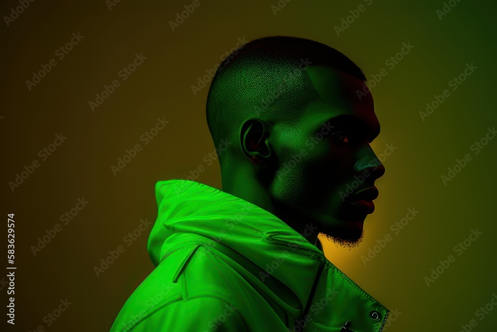 Portrait of a beautiful man with neon green background. Fictional person created with Generative AI