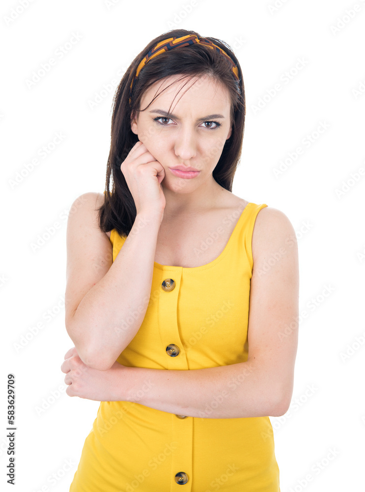 Closeup bored young woman looking to side, isolated on white background Closeup bored young woman looking to side, isolated on white background
