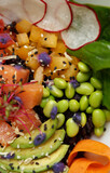 Pescatarian dish for vegetarians who eat fish. Exotic poke bowl with salmon and sliced raw vegetables