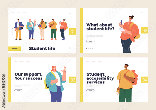 Digital online education services landing page template set with happy students ready for study