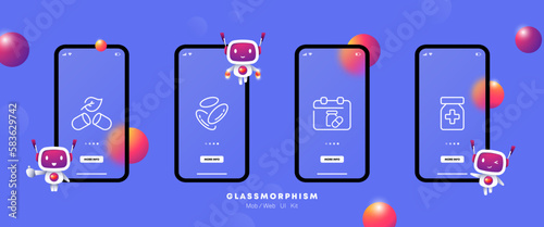 Medicine set icon. Reminder about pills, sanitizer, medicines, pharmacy, first aid kit, heart, vitamins, etc. Health care concept. Glassmorphism. UI phone app screen. Vector line icon for Business