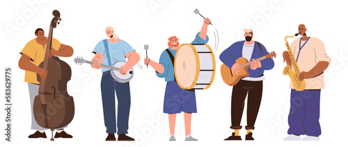 Street musicians cartoon characters, diverse music artist band performance vector illustration