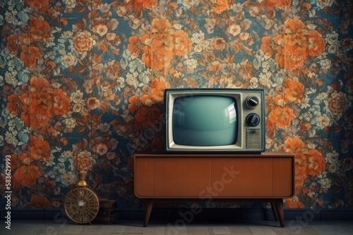 a mock up of a vintage television with old style wall decor. Template interior design including 1970s ceramic ornamentation. Generative AI