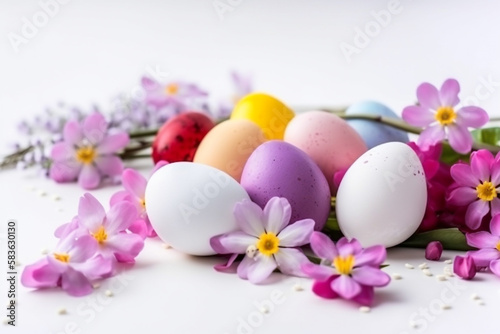 Easter eggs and flowers  white background  spring blooms generative AI digital illustration