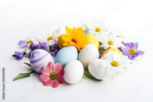 Easter eggs and flowers  white background  spring blooms generative AI digital illustration