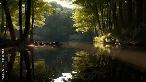 A serene forest lake surrounded by towering trees  with the sunlight streaming through the branches and casting dappled shadows on the water. The lake is calm and clear AI Generative