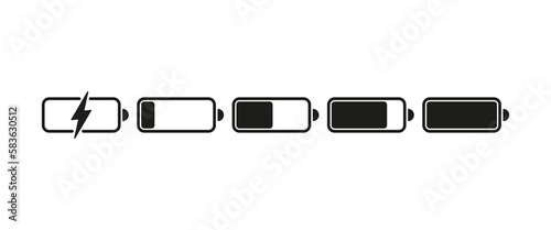 Battery set icon.Charging, energy, electricity, plus, minus, contacts, low and high charge level. Autonomy concept. Vector line icon for Business and Advertising