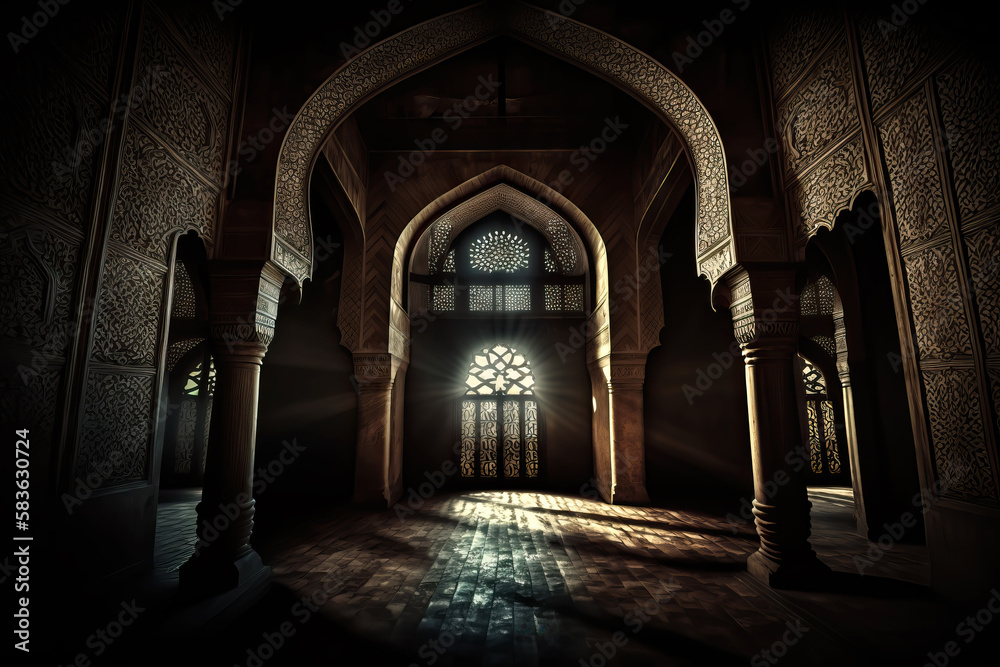 An Islamic mosque interior illuminated by moonlight. Islamic concept and Ramadan celebration. Ai generated art