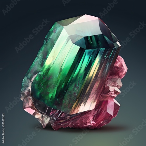 Front view of shining bright tourmaline gemstone illustration on a dark background. Generative AI illustration. photo