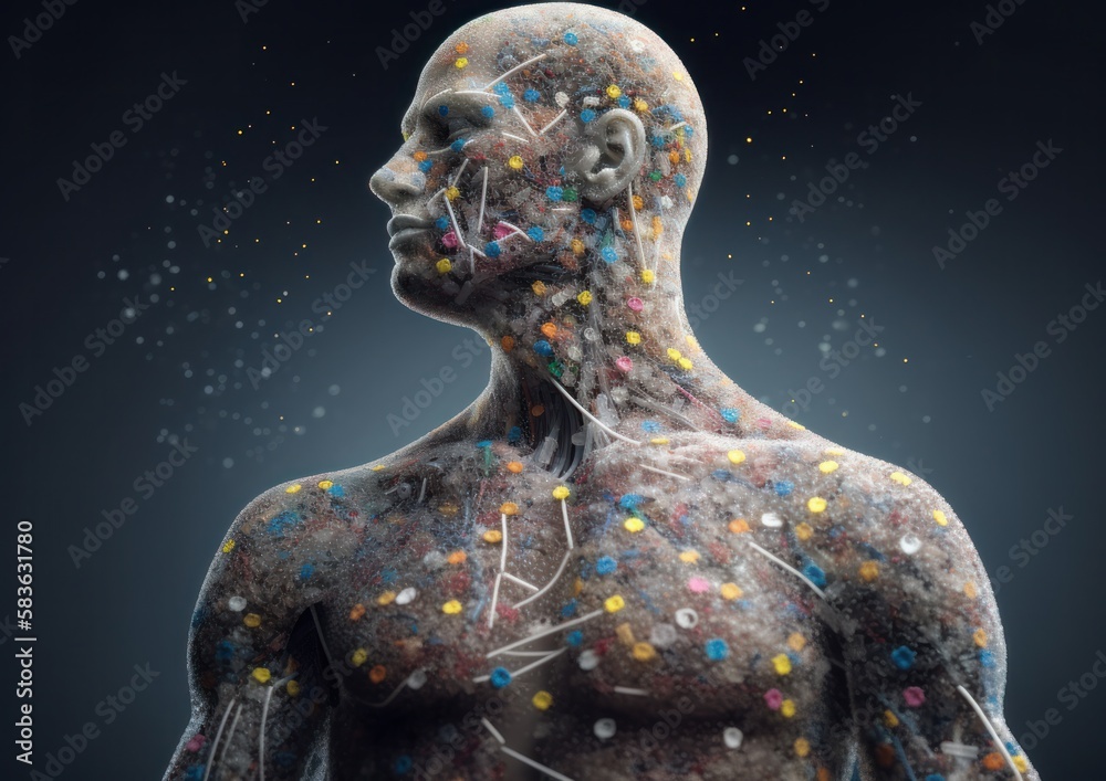 The invasion of microplastics into the human body. Generative AI. Stock