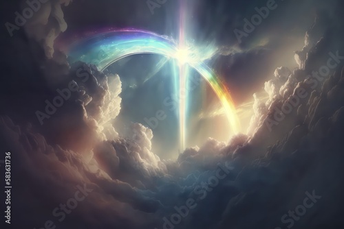 Cinematic scenery clouds rays of light rainbow divine. Abstract wallpaper background. Generative AI