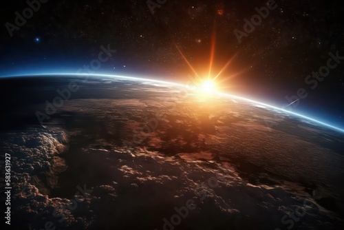 Beautiful view of rising sun over the planet earth. Cinematic scenery about planet. Generative AI.