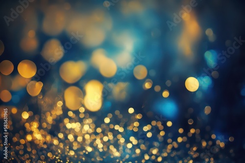 Gold and blue bokeh with blur lights effect wallpaper background. Abstract bokeh lights wallpaper background. Generative AI.