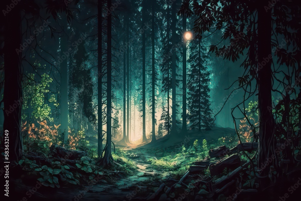 Secret forest view in digital painting art style. Illustration painting. Wallpaper background. Generative AI