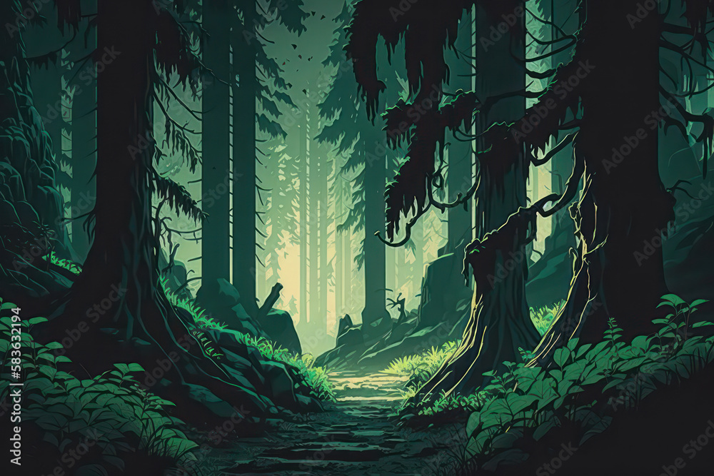 Secret forest view in digital painting art style. Illustration painting. Wallpaper background. Generative AI