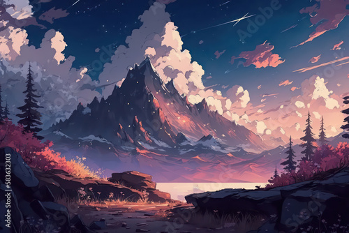 Mountain and sunset view in anime digital art style. Illustration painting. Sky and mountain view wallpaper background. Generative AI.